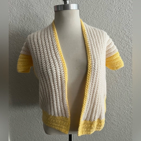 Handmade Sweaters - Handmade Crocheted cream w Yellow Trim sweater Cardigan Women’s Size Medium M